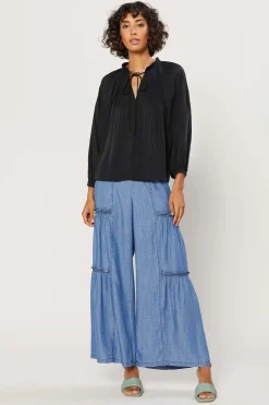 Current Air Long Sleeve Tops-Pleated Split Neck Top BLACK