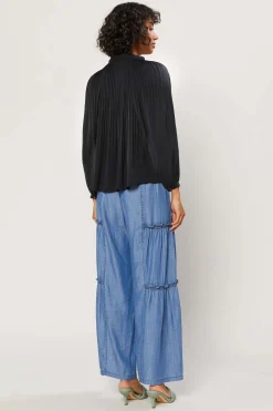 Current Air Long Sleeve Tops-Pleated Split Neck Top BLACK