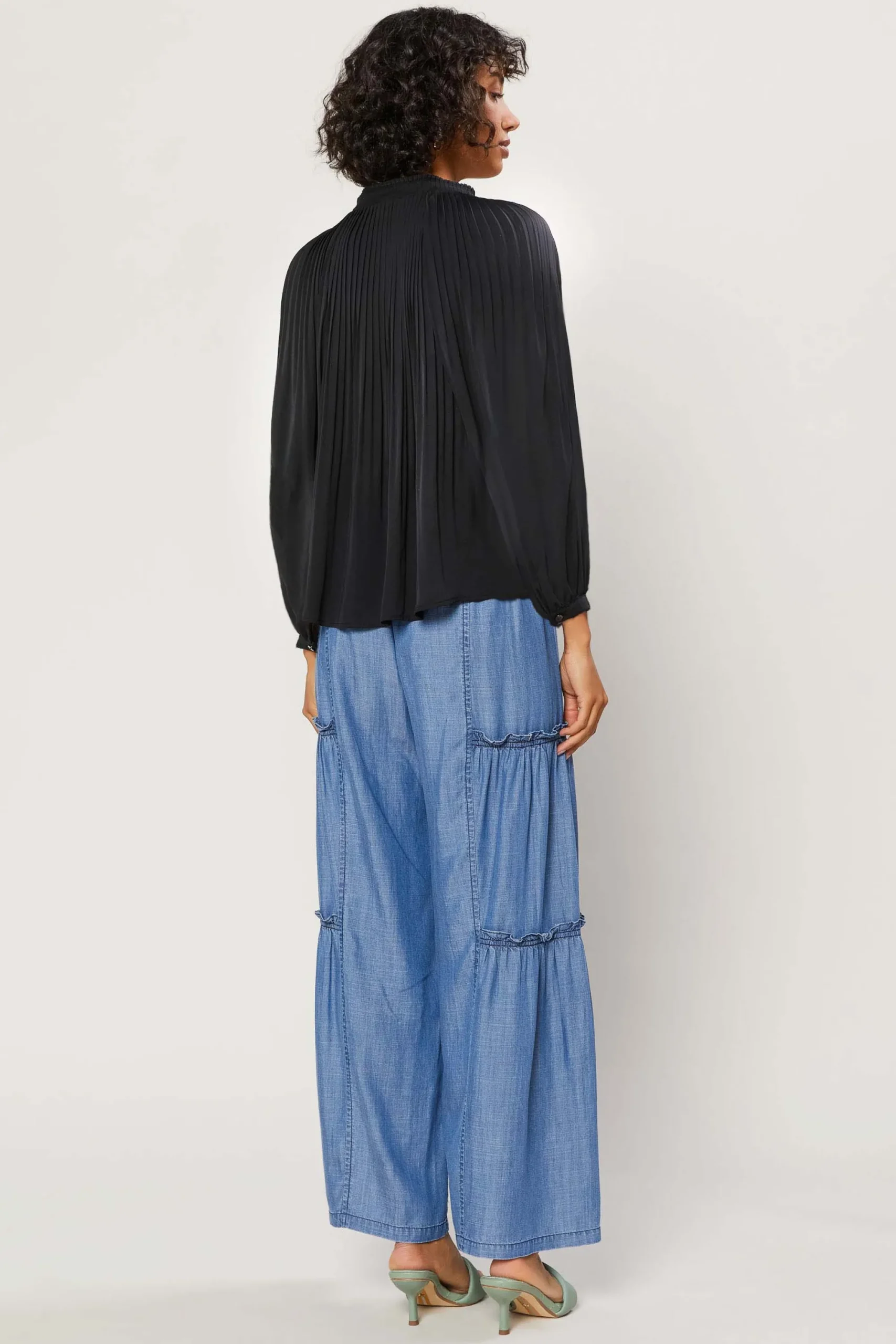 Current Air Long Sleeve Tops-Pleated Split Neck Top BLACK