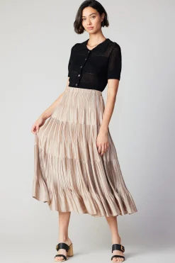 Current Air Skirts-Pleated Tiered Midi Skirt TAUPE