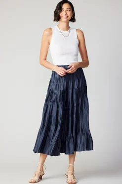 Current Air Skirts-Pleated Tiered Midi Skirt NAVY