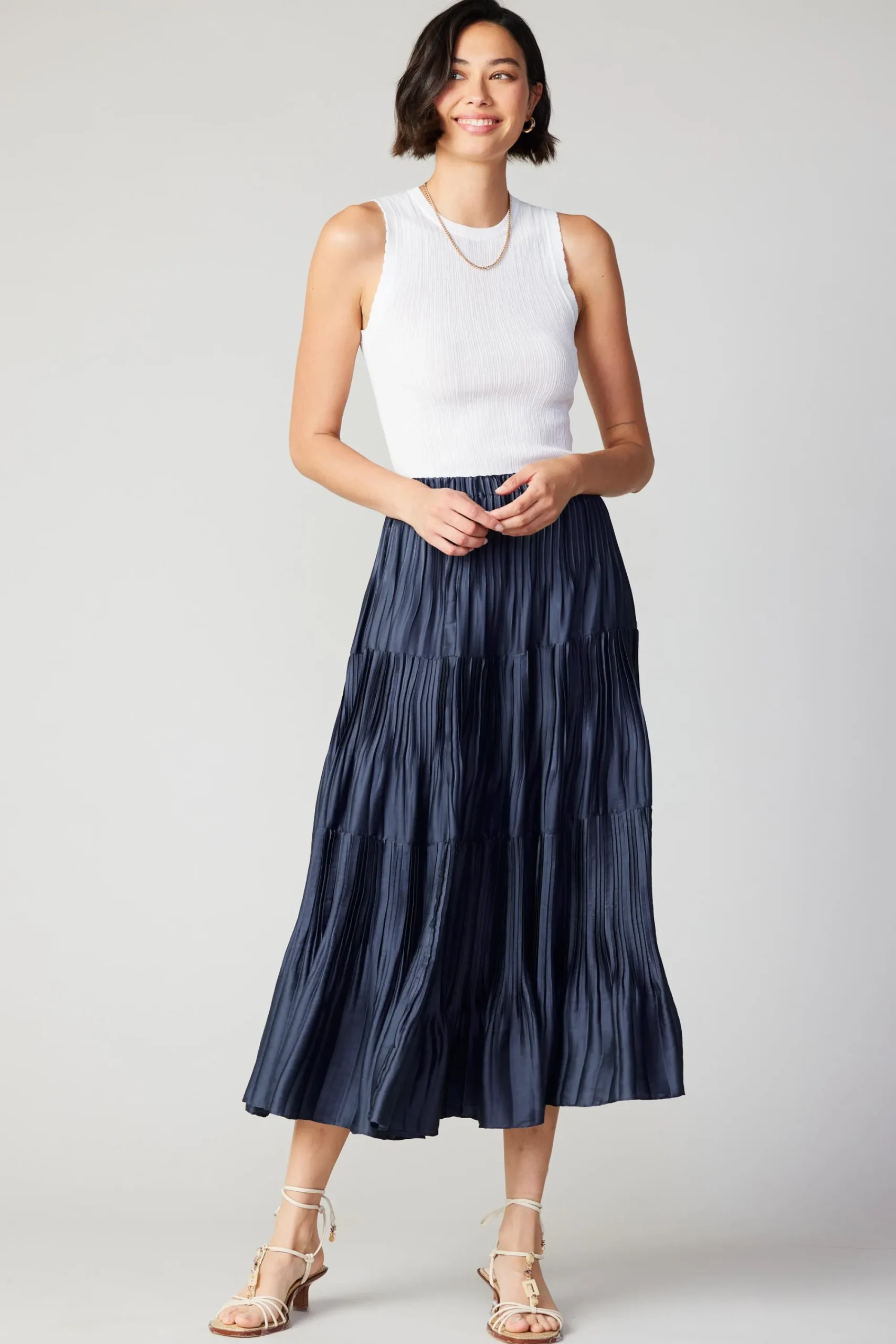 Current Air Skirts-Pleated Tiered Midi Skirt NAVY