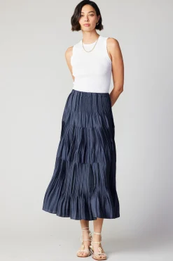 Current Air Skirts-Pleated Tiered Midi Skirt NAVY