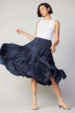 Current Air Skirts-Pleated Tiered Midi Skirt NAVY