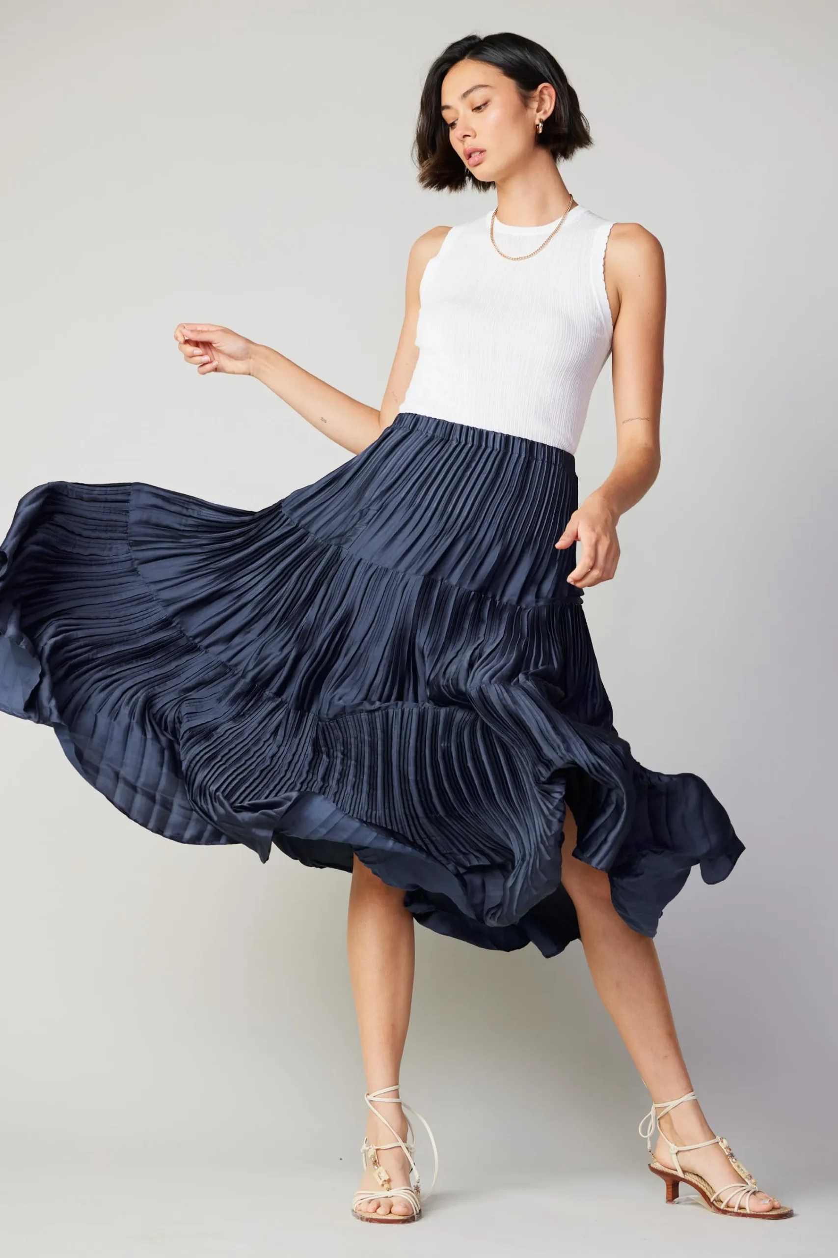 Current Air Skirts-Pleated Tiered Midi Skirt NAVY