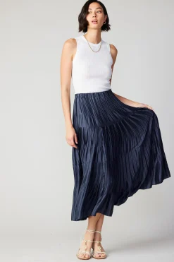 Current Air Skirts-Pleated Tiered Midi Skirt NAVY