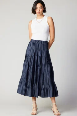 Current Air Skirts-Pleated Tiered Midi Skirt NAVY