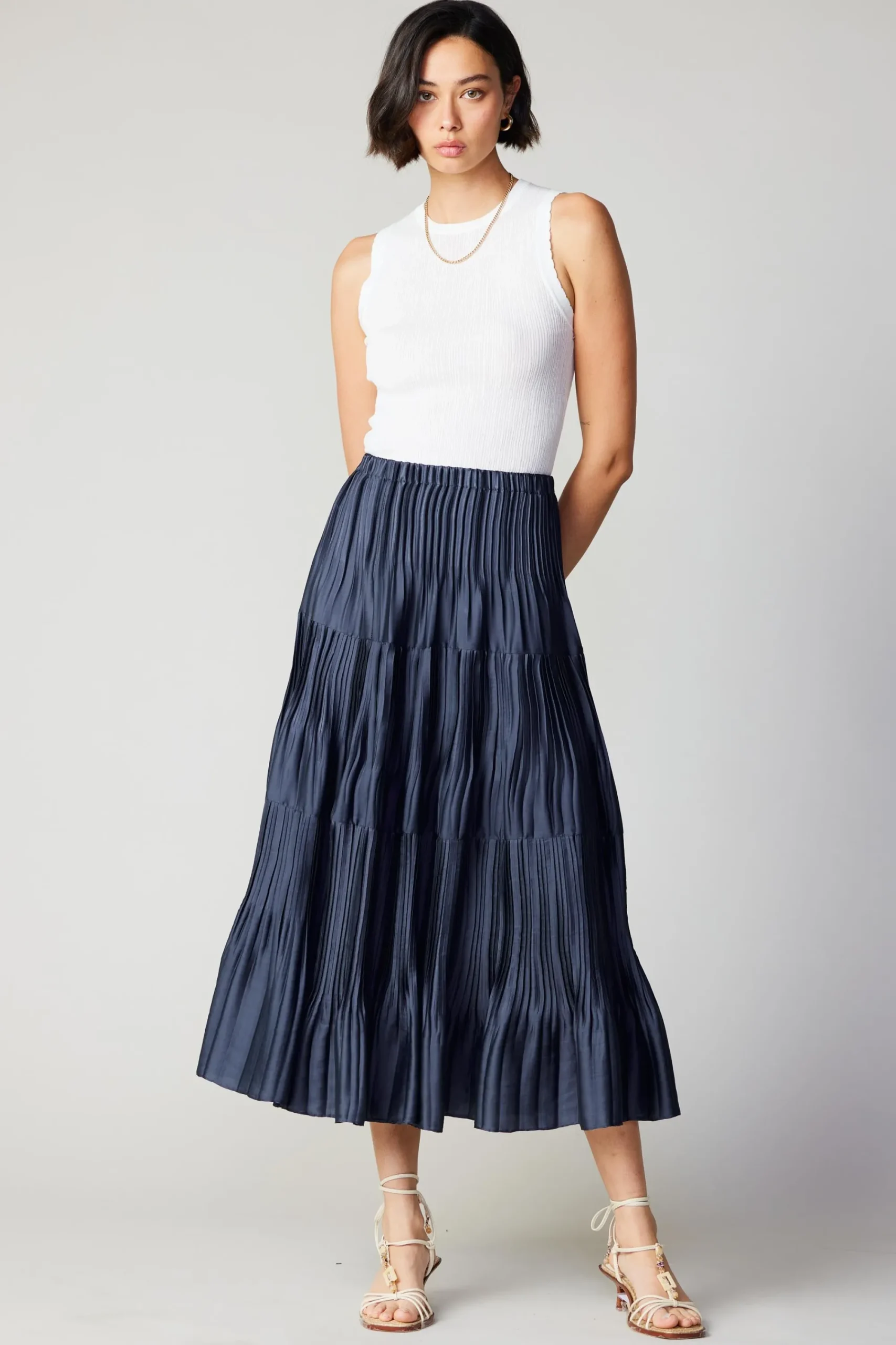 Current Air Skirts-Pleated Tiered Midi Skirt NAVY