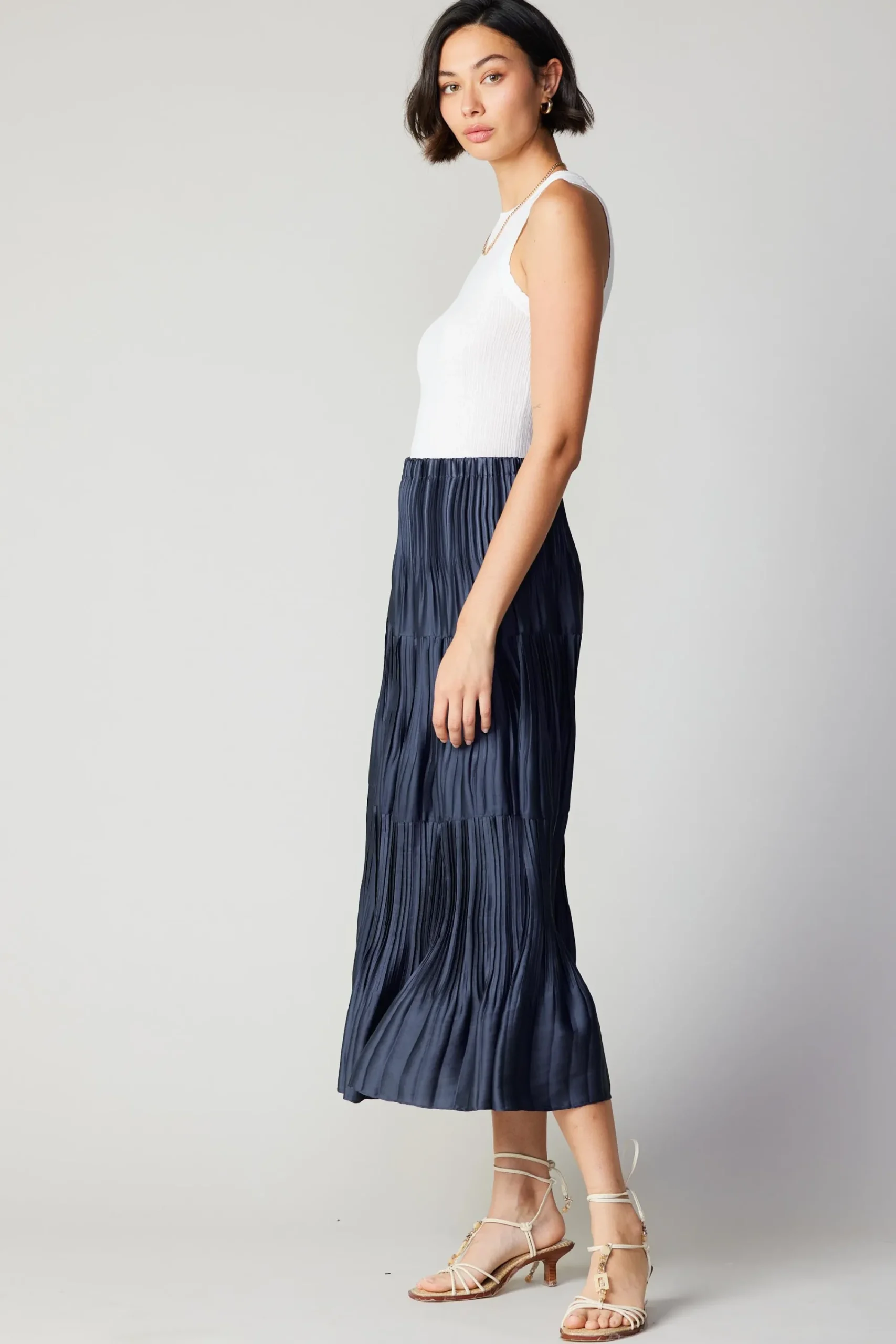 Current Air Skirts-Pleated Tiered Midi Skirt NAVY