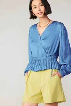 Current Air Long Sleeve Tops-Pleated Wrap Top DUSTYBLUE