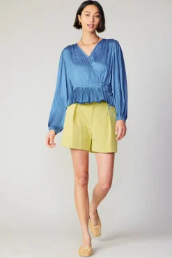 Current Air Long Sleeve Tops-Pleated Wrap Top DUSTYBLUE