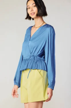 Current Air Long Sleeve Tops-Pleated Wrap Top DUSTYBLUE