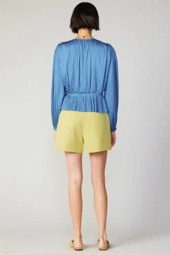 Current Air Long Sleeve Tops-Pleated Wrap Top DUSTYBLUE