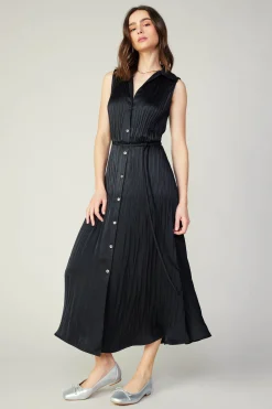 Current Air Midi Dresses-Plisse Buttondown Dress BLACK