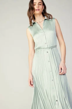 Current Air Midi Dresses-Plisse Buttondown Dress SILVERSAGE
