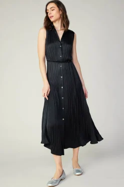 Current Air Midi Dresses-Plisse Buttondown Dress BLACK