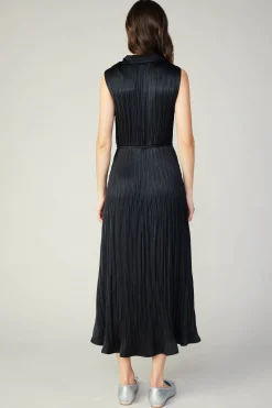 Current Air Midi Dresses-Plisse Buttondown Dress BLACK