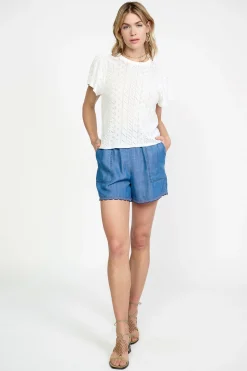 Current Air Short Sleeve Tops | Sweaters-Pointelle Knit Sweater Top WHITE