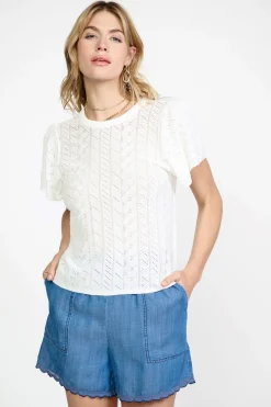 Current Air Short Sleeve Tops | Sweaters-Pointelle Knit Sweater Top WHITE