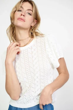Current Air Short Sleeve Tops | Sweaters-Pointelle Knit Sweater Top WHITE