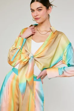 Current Air Long Sleeve Tops-Prismatic Gradient Front Tie Shirt DESERTRAINBOW