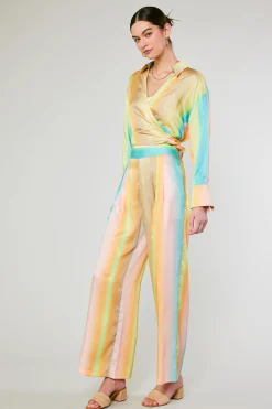 Current Air Long Sleeve Tops-Prismatic Gradient Front Tie Shirt DESERTRAINBOW