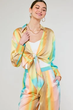 Current Air Long Sleeve Tops-Prismatic Gradient Front Tie Shirt DESERTRAINBOW
