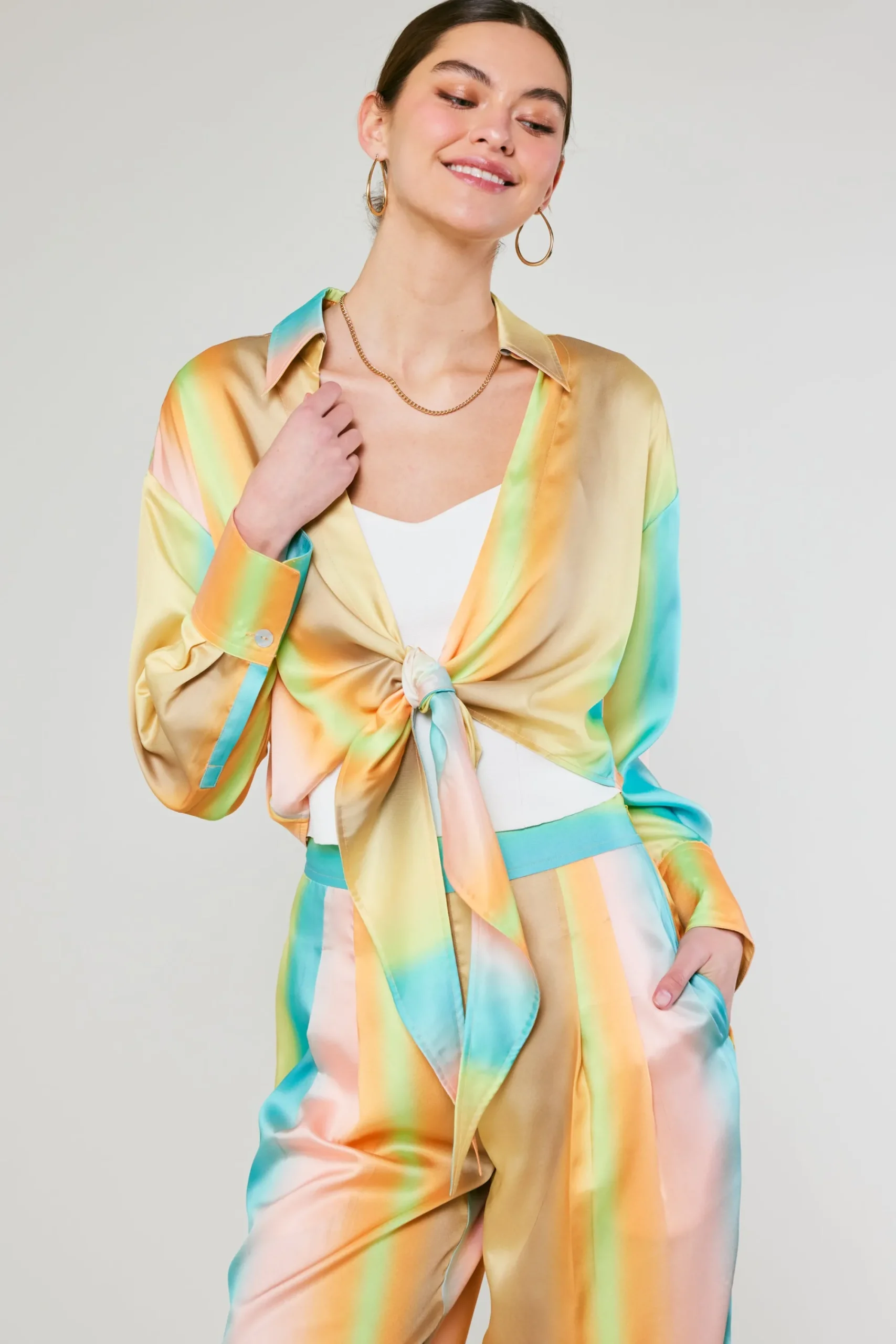 Current Air Long Sleeve Tops-Prismatic Gradient Front Tie Shirt DESERTRAINBOW