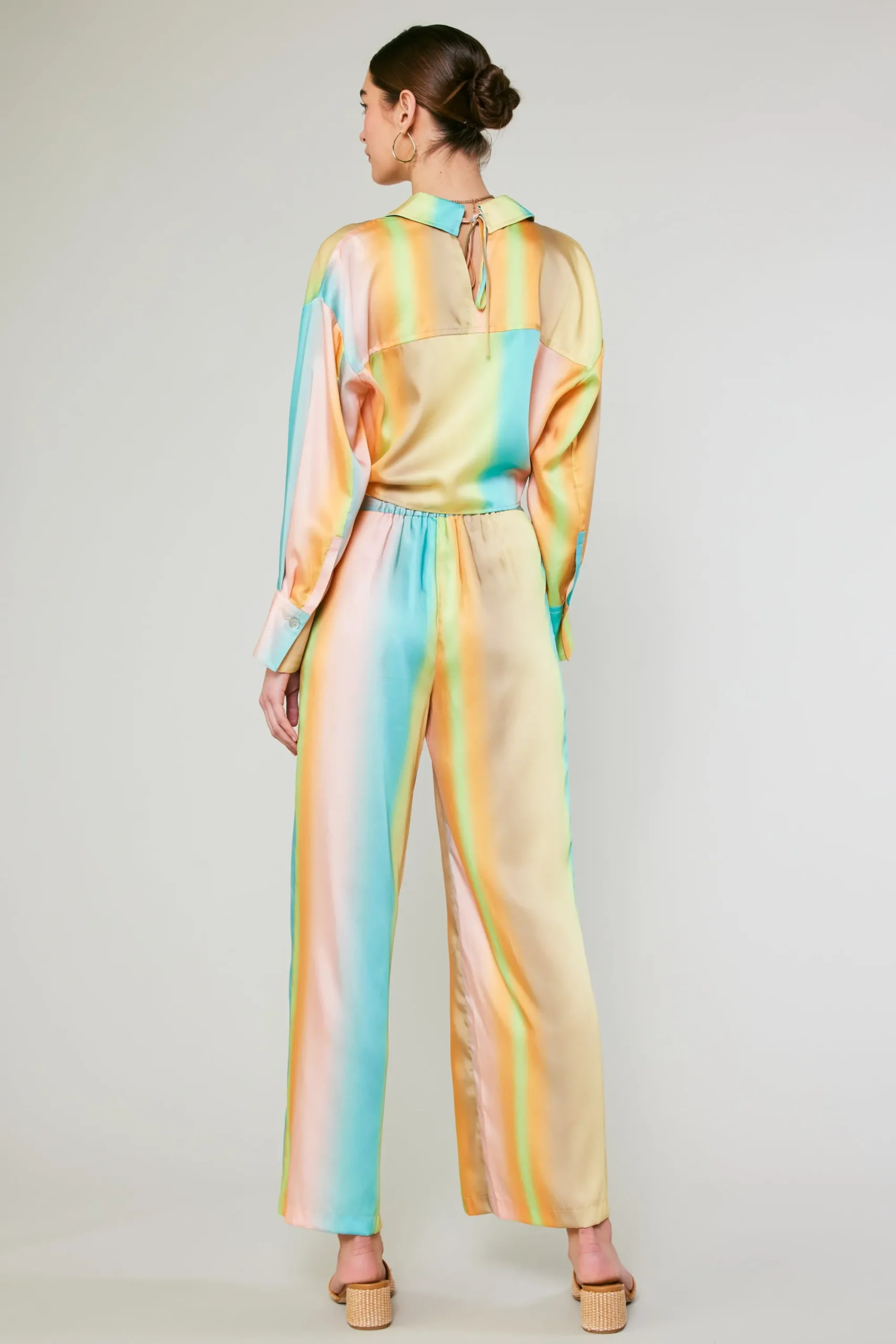 Current Air Long Sleeve Tops-Prismatic Gradient Front Tie Shirt DESERTRAINBOW