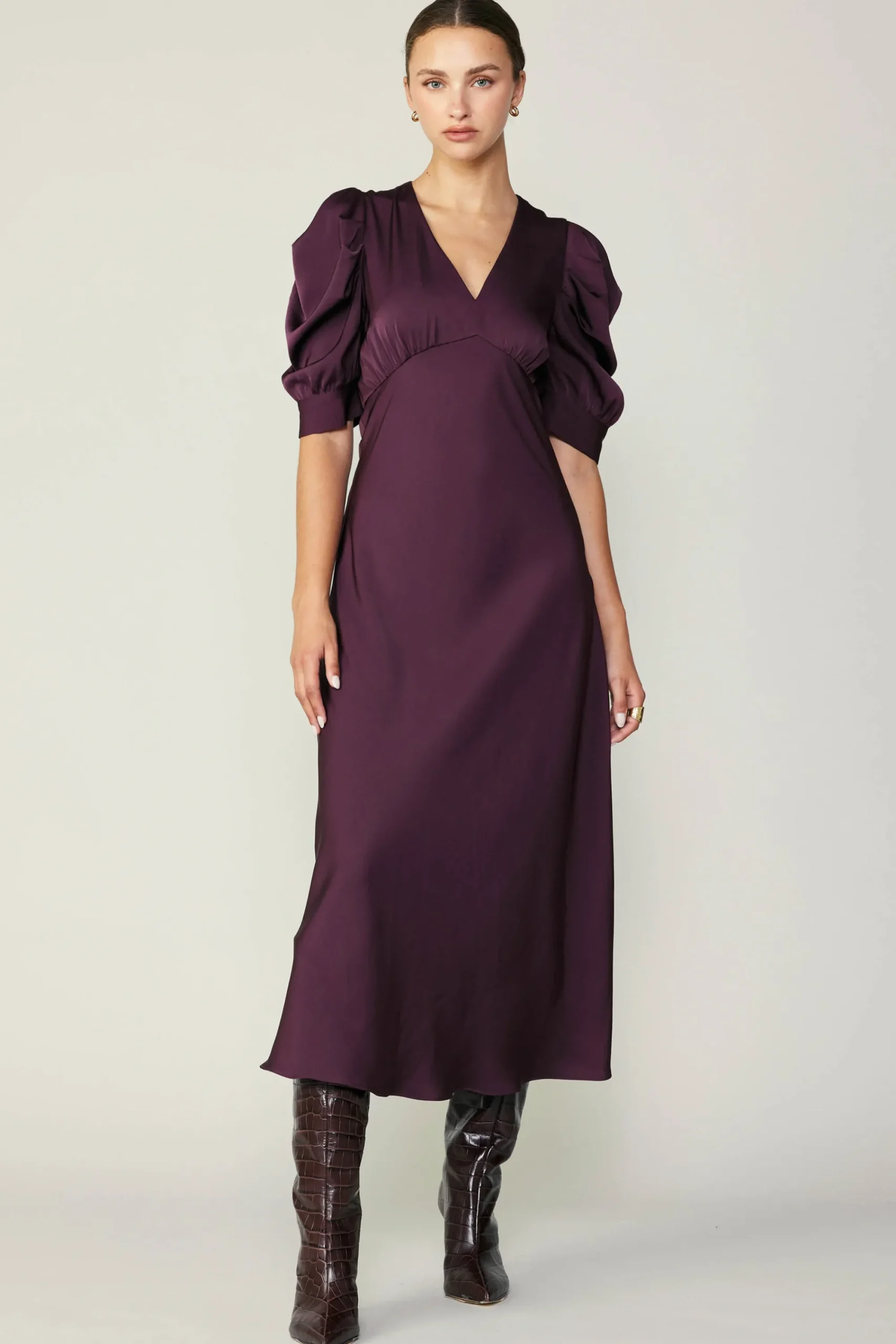 Current Air Midi Dresses-Puff Sleeve Midi Dress MIDNIGHTPLUM