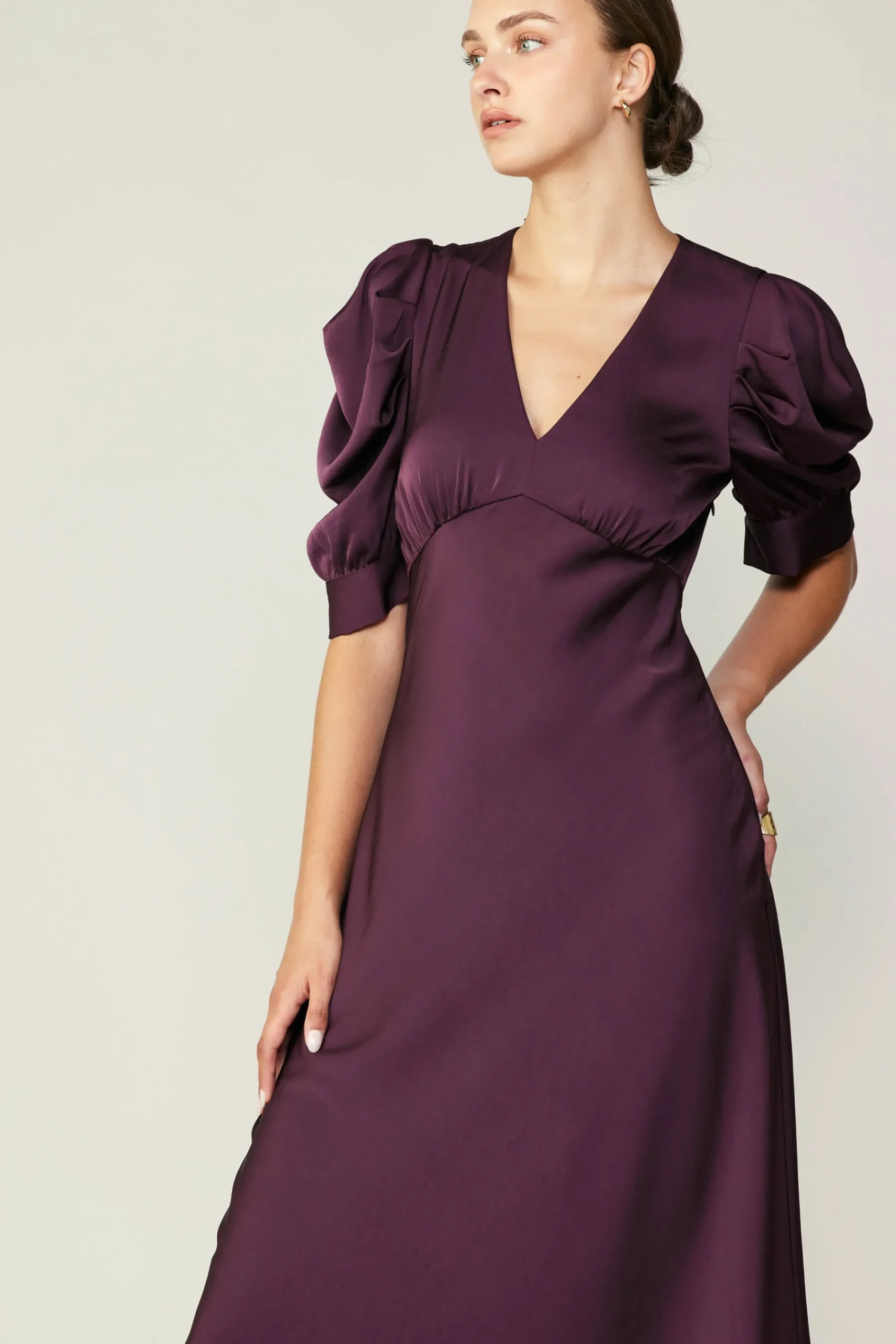 Current Air Midi Dresses-Puff Sleeve Midi Dress MIDNIGHTPLUM