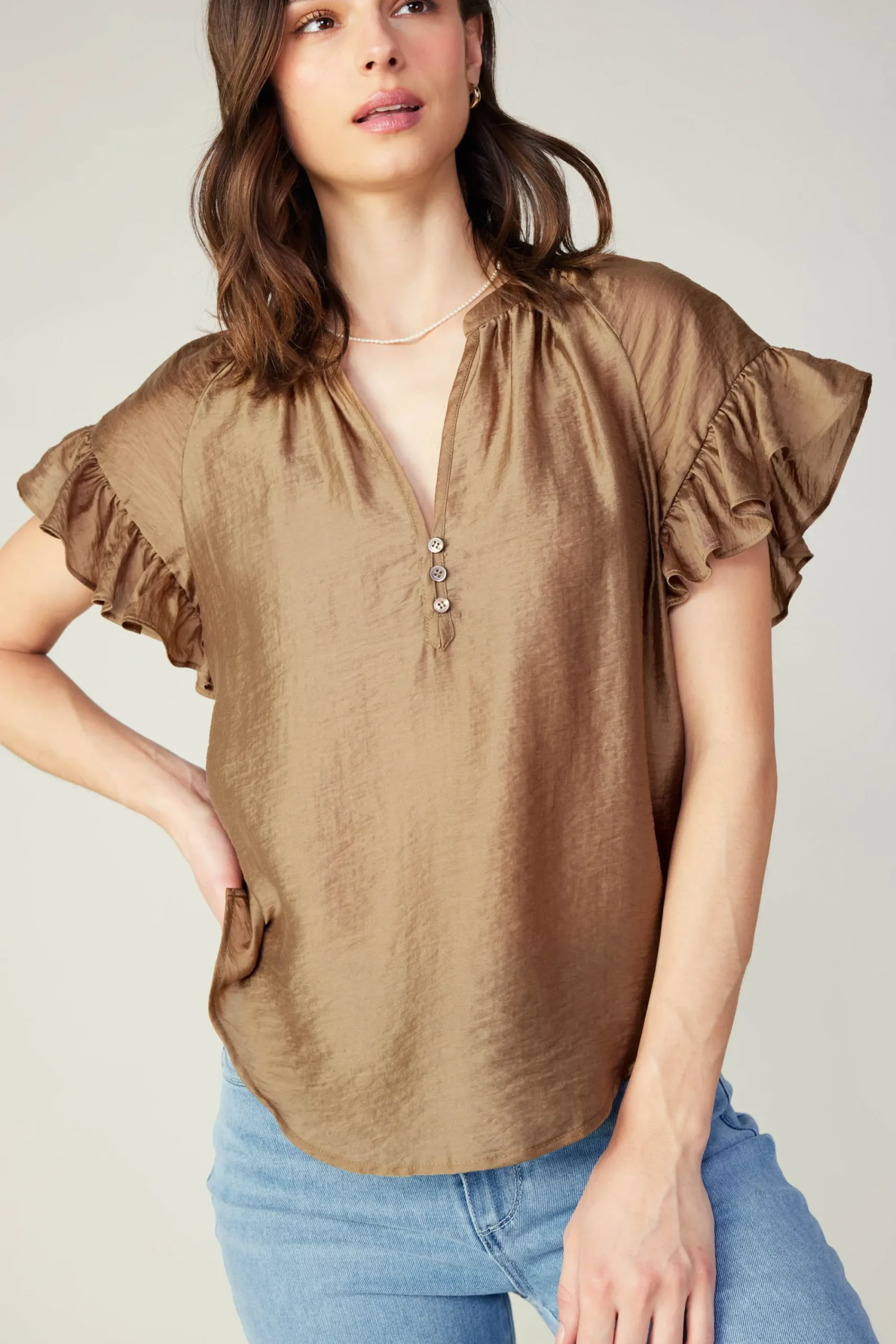 Current Air Short Sleeve Tops-Raglan Sleeve Button Blouse LATTE