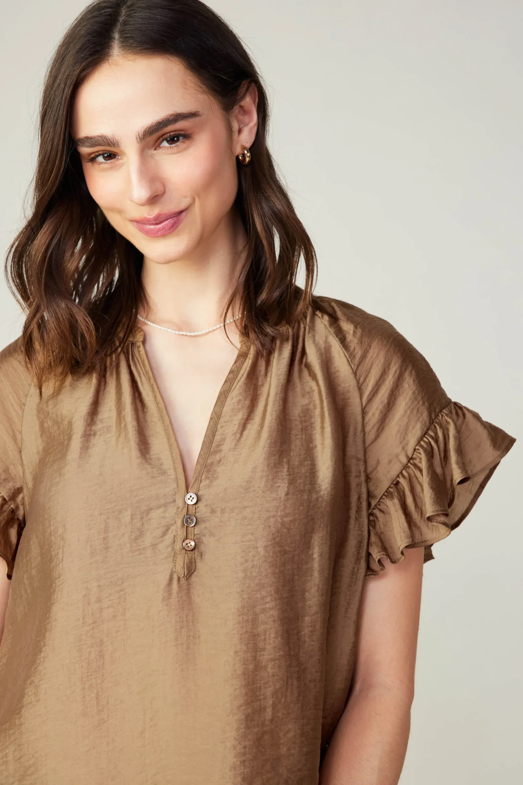 Current Air Short Sleeve Tops-Raglan Sleeve Button Blouse LATTE