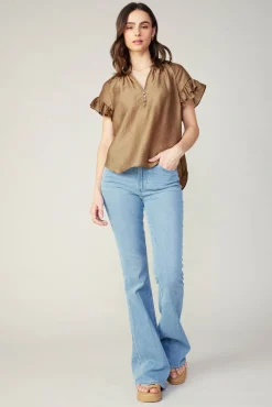 Current Air Short Sleeve Tops-Raglan Sleeve Button Blouse LATTE