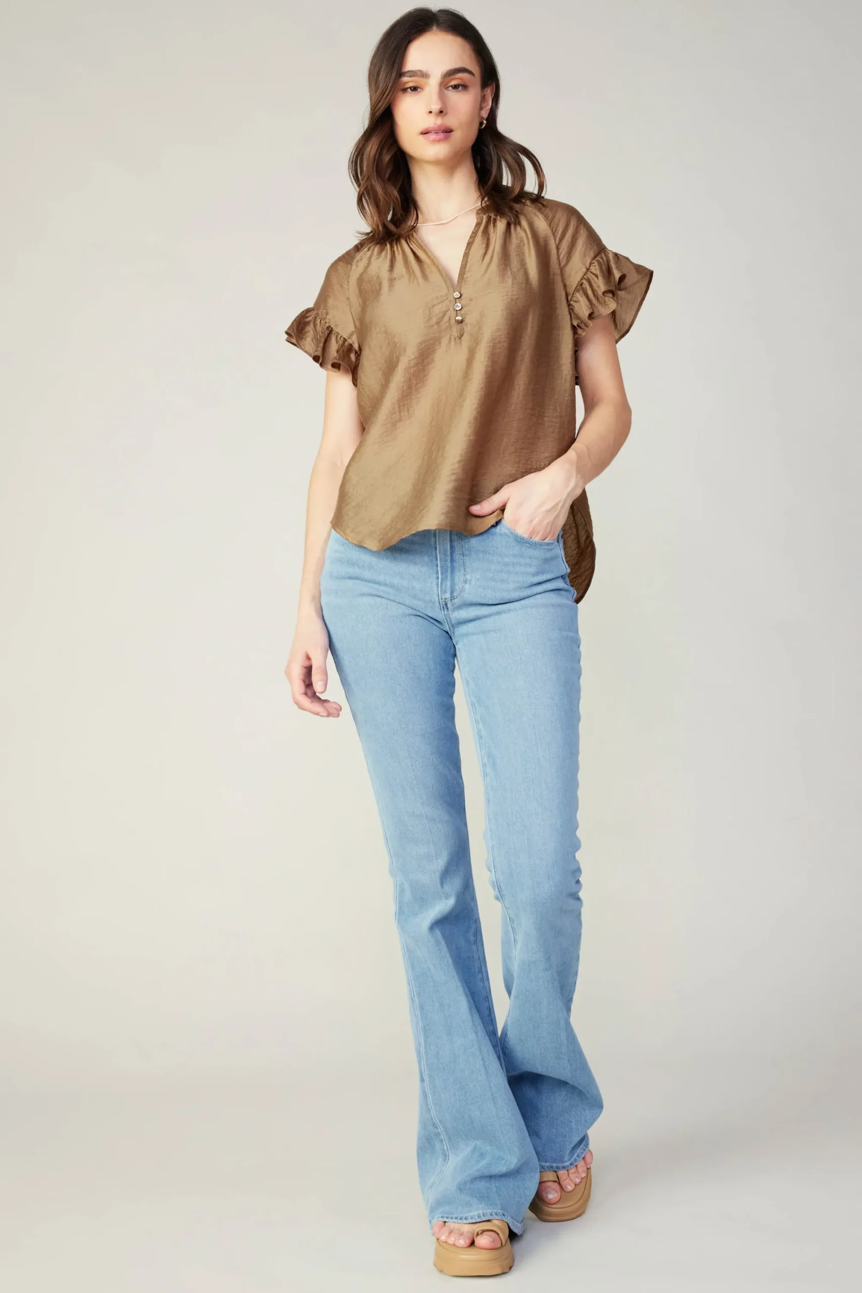 Current Air Short Sleeve Tops-Raglan Sleeve Button Blouse LATTE