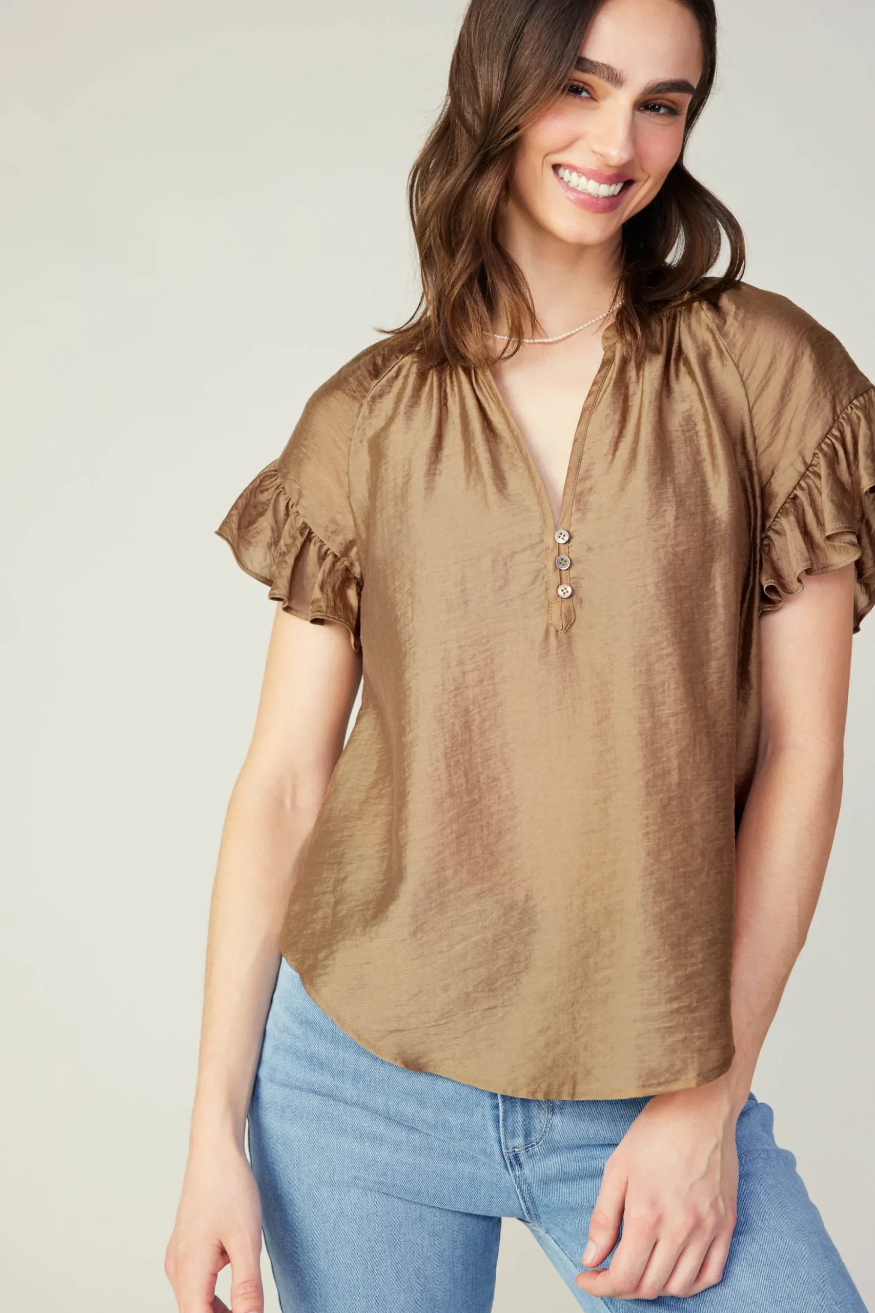 Current Air Short Sleeve Tops-Raglan Sleeve Button Blouse LATTE