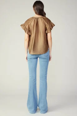 Current Air Short Sleeve Tops-Raglan Sleeve Button Blouse LATTE