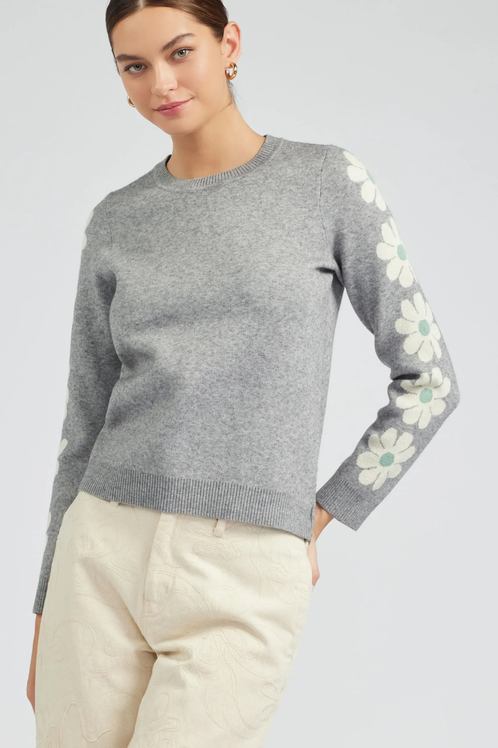 Current Air Knitwear | Sweaters-Retro Daisy Motif Sweater HEATHERGREY