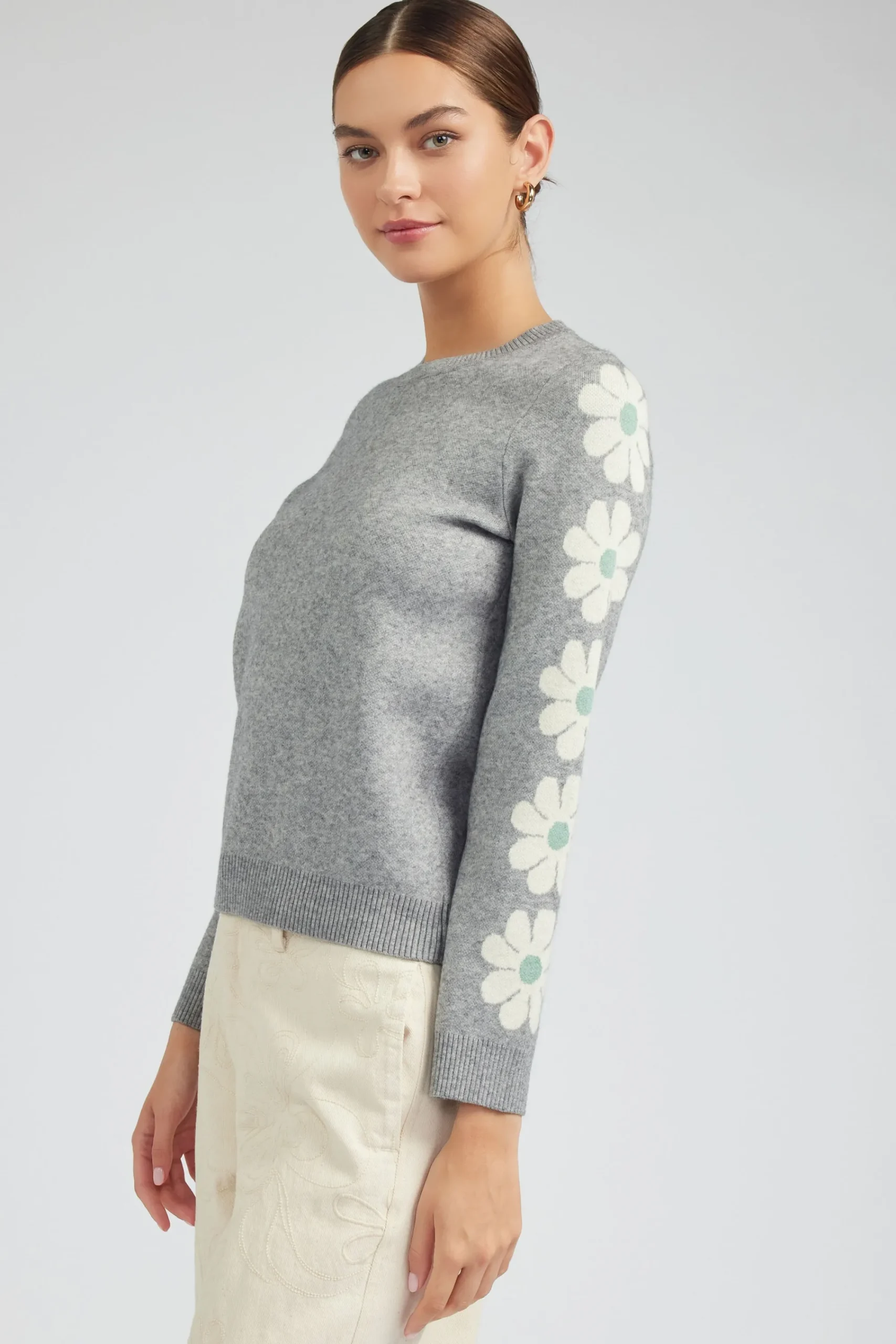 Current Air Knitwear | Sweaters-Retro Daisy Motif Sweater HEATHERGREY