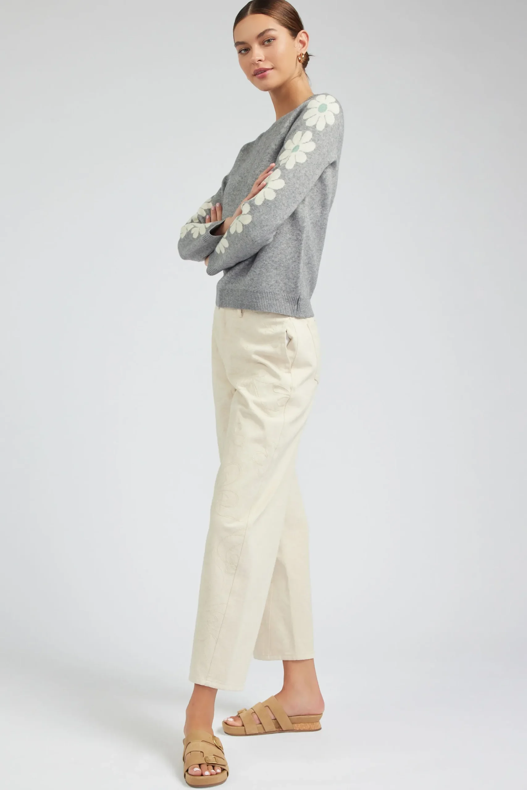 Current Air Knitwear | Sweaters-Retro Daisy Motif Sweater HEATHERGREY
