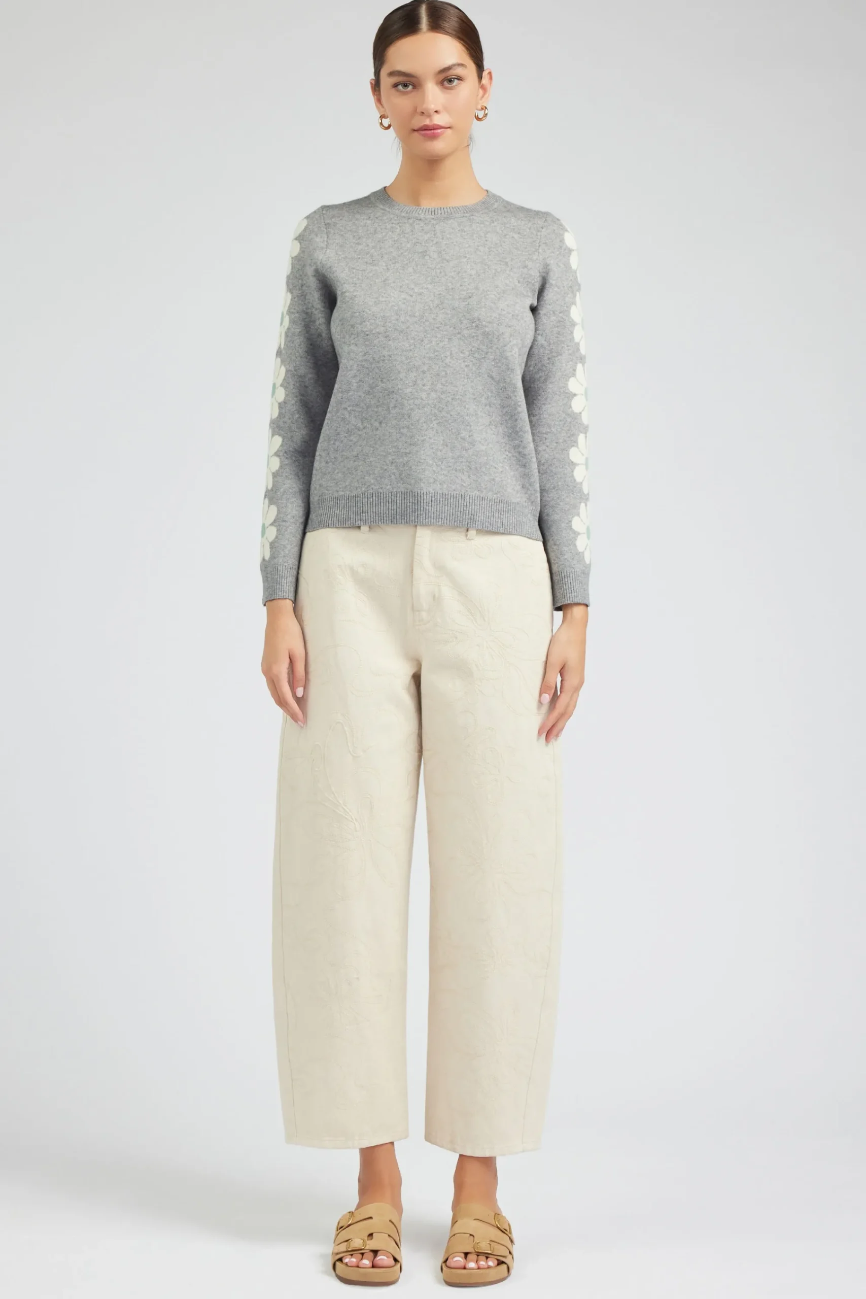 Current Air Knitwear | Sweaters-Retro Daisy Motif Sweater HEATHERGREY