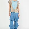 Current Air Short Sleeve Tops-Retro Floral Bubble Sleeve Top SKY