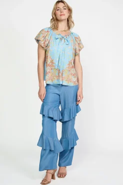 Current Air Short Sleeve Tops-Retro Floral Bubble Sleeve Top SKY