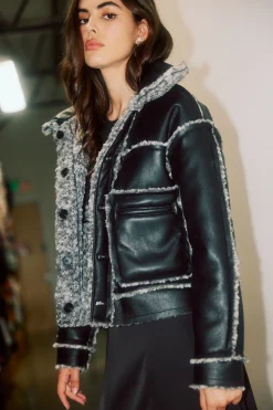 Current Air Coats & Jackets-Reversible Vegan Leather Shearling Jacket BLACK