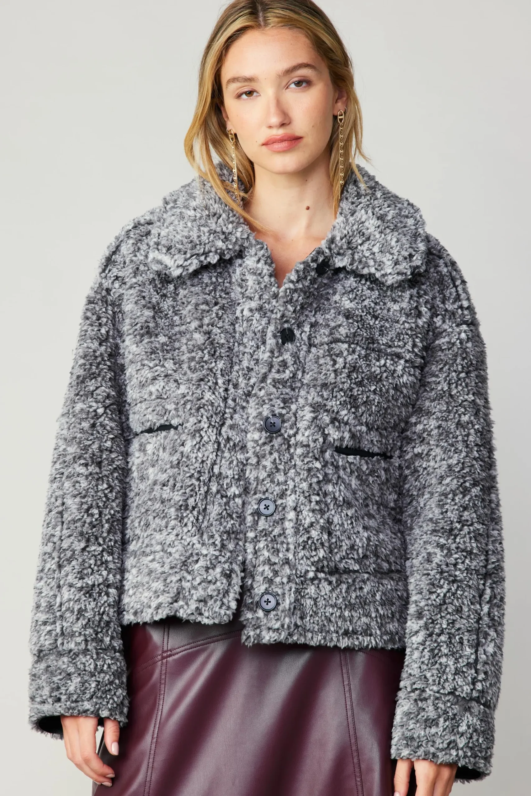 Current Air Coats & Jackets-Reversible Vegan Leather Shearling Jacket BLACK