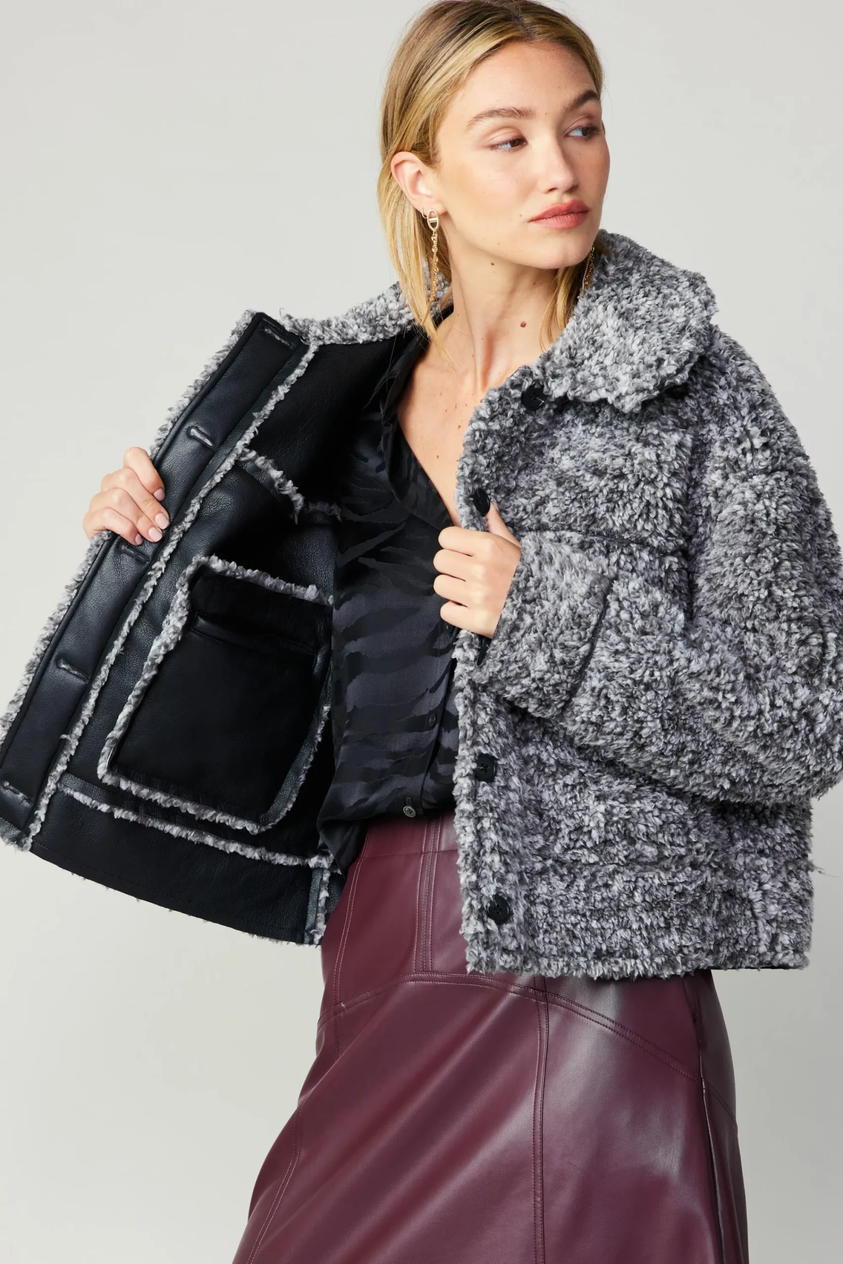 Current Air Coats & Jackets-Reversible Vegan Leather Shearling Jacket BLACK