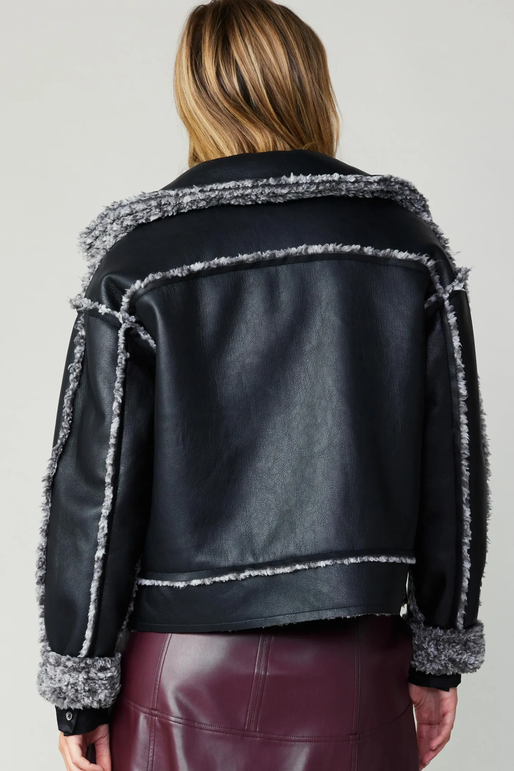 Current Air Coats & Jackets-Reversible Vegan Leather Shearling Jacket BLACK