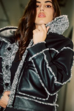 Current Air Coats & Jackets-Reversible Vegan Leather Shearling Jacket BLACK
