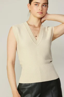Current Air Sleeveless Tops-Ribbed Collar Sweater Vest BONE