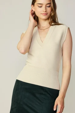 Current Air Sleeveless Tops-Ribbed Collar Sweater Vest BONE